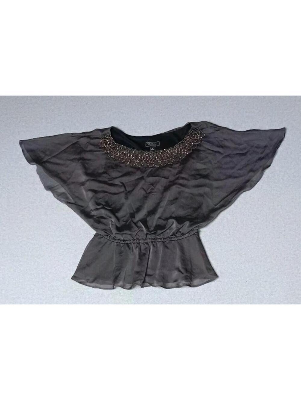 Dressbarn Flutter Sleeve Mesh Overlay Blouse Womens Size 8 Gray Beaded Swoop...